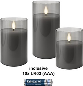Zestaw 3 świec LED z prawdziwego wosku w słoiku, szary-przezroczysty, z 10x AAA (LR03)